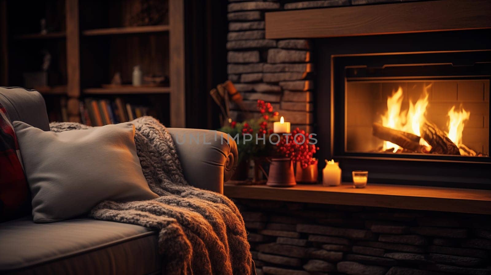 Inviting living space with fireplace and cozy atmosphere for ultimate comfort. Illustration for cover, interior design. AI generative.
