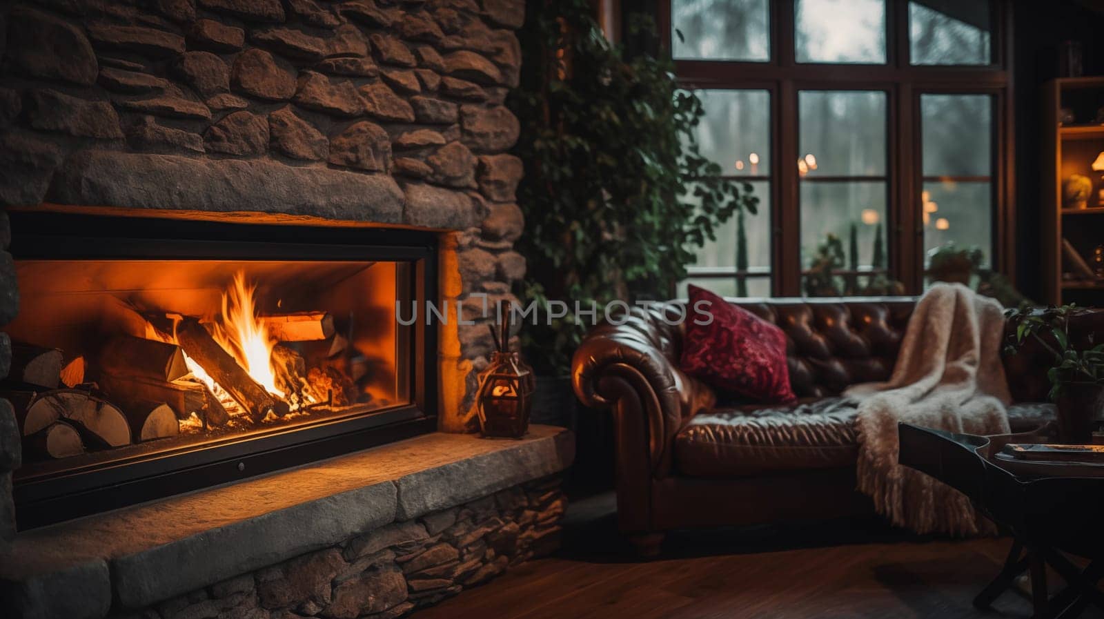 Cozy relaxation by the fireplace in a homely environment,ai generative by AnatoliiFoto