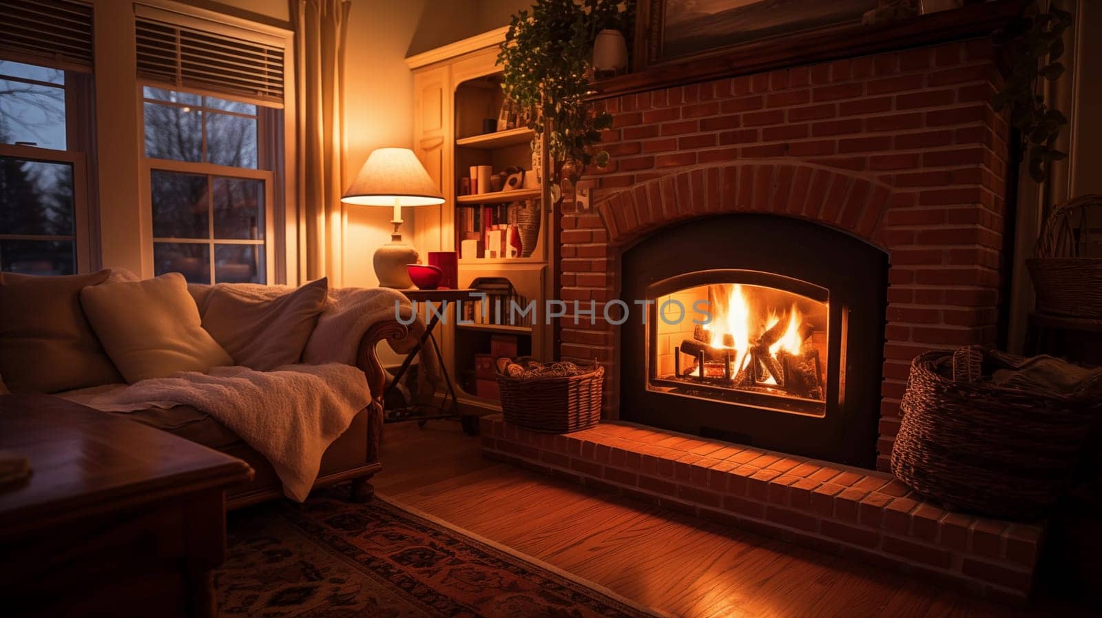 Cozy relaxation by the fireplace in a homely environment,ai generative by AnatoliiFoto