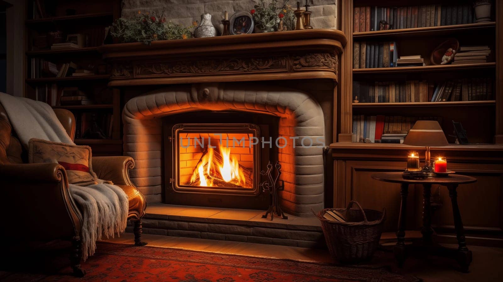 Inviting living space with fireplace and cozy atmosphere for ultimate comfort. Illustration for cover, interior design. AI generative.