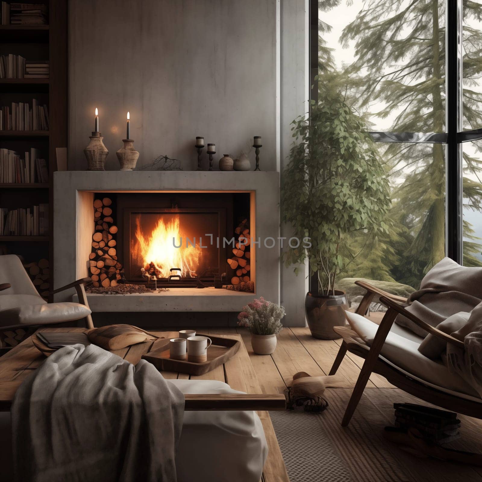 Cozy relaxation by the fireplace in a homely environment,ai generative by AnatoliiFoto