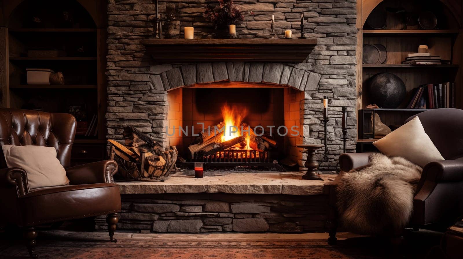 Cozy relaxation by the fireplace in a homely environment,ai generative by AnatoliiFoto