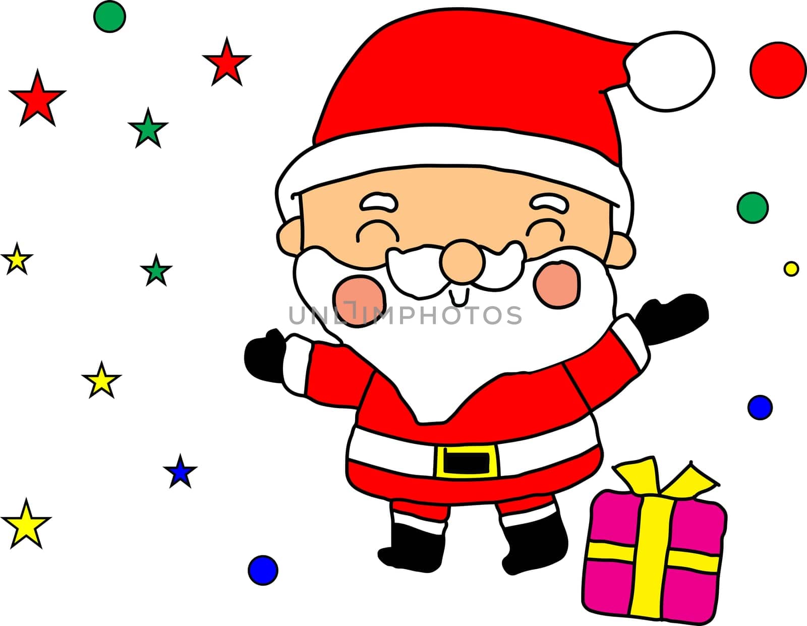 Cartoon Santa Claus holding a present, smiling and giving a thumbs up by cr8image