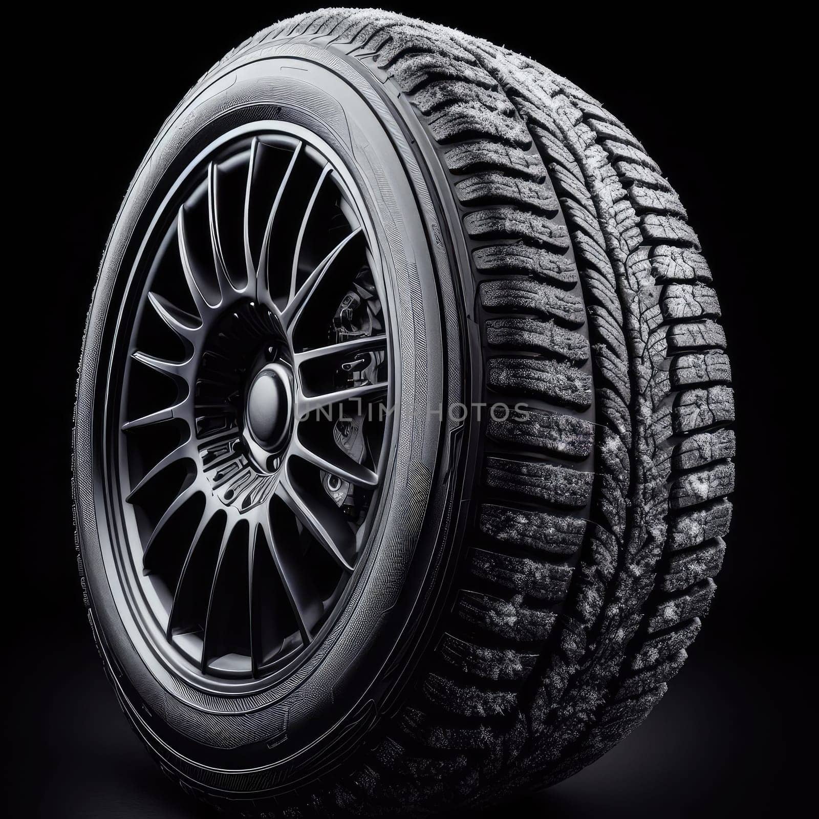 new tire with modern tread on black background brightly lit from above.