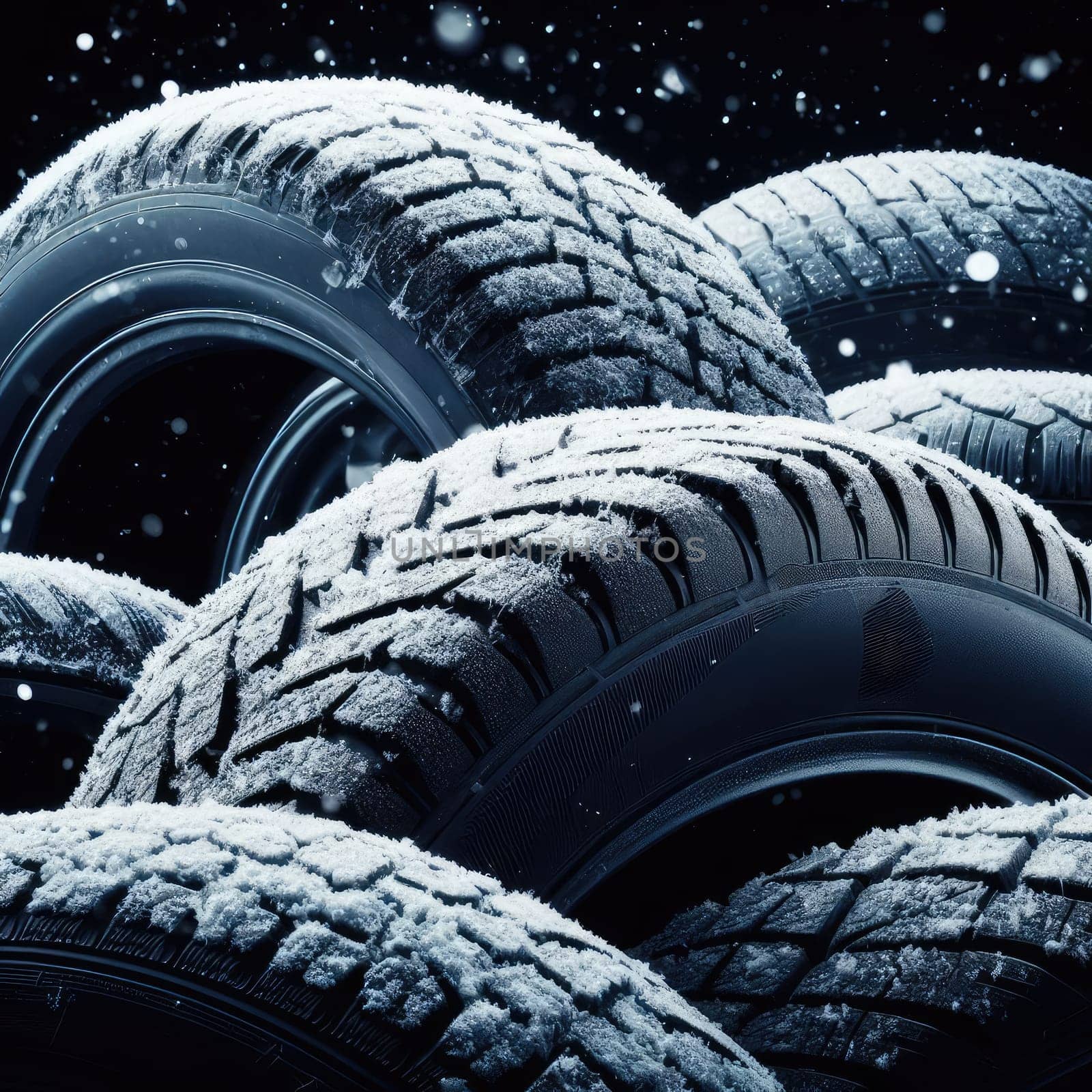 new tire with modern tread on black background brightly lit from above.