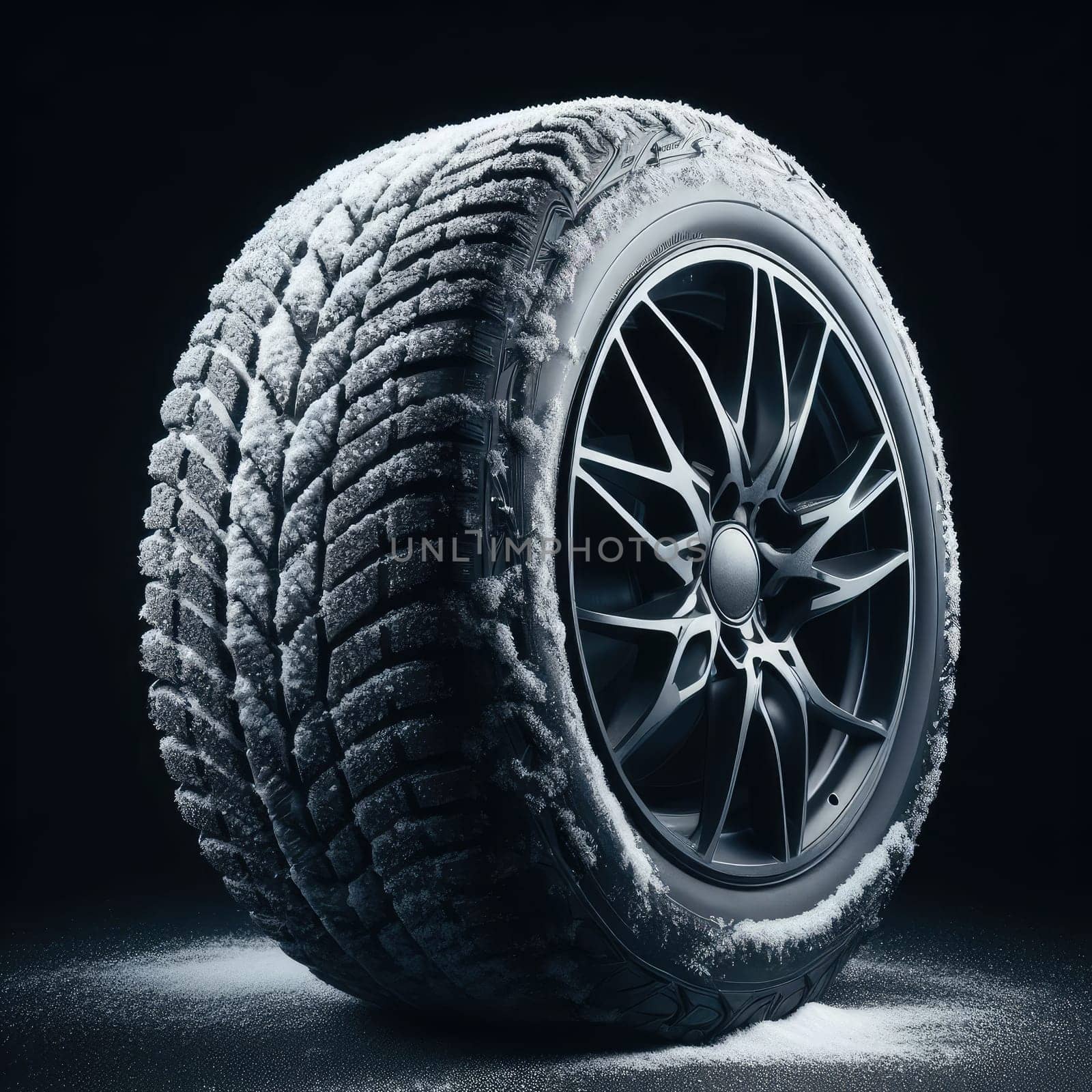 new tire with modern tread on black background brightly lit from above.