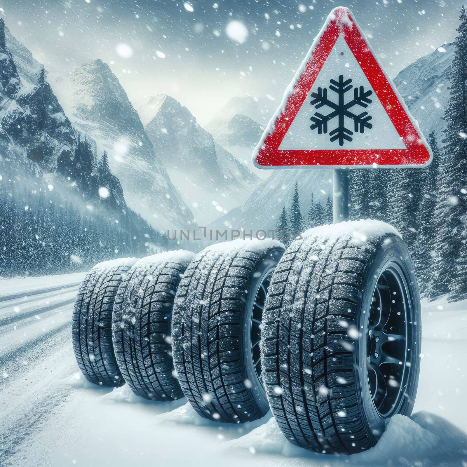 close up different winter tires on a snowy road in the mountains - snow storm.