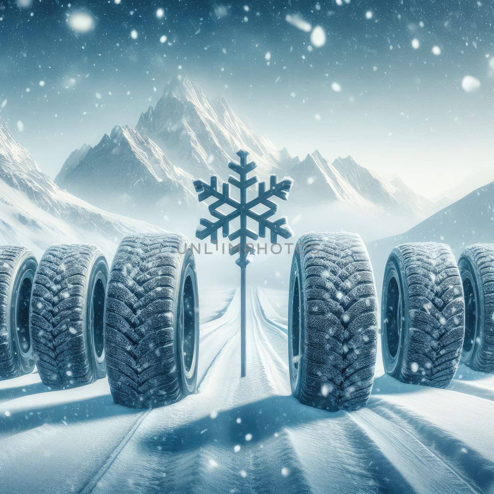 close up different winter tires on a snowy road in the mountains - snow storm by Kobysh