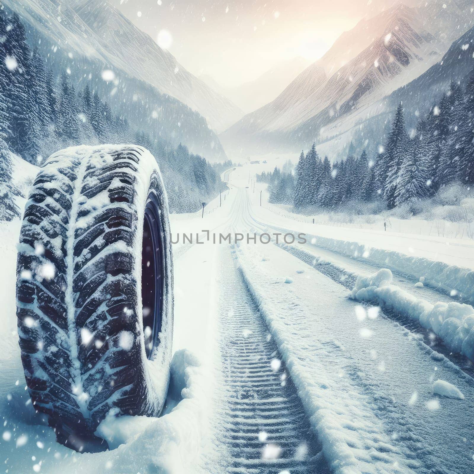 close up different winter tires on a snowy road in the mountains - snow storm.