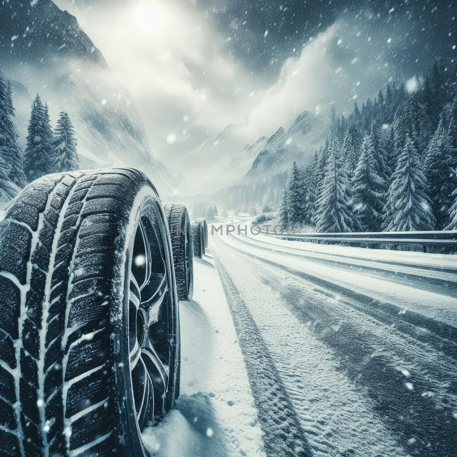 close up different winter tires on a snowy road in the mountains - snow storm.