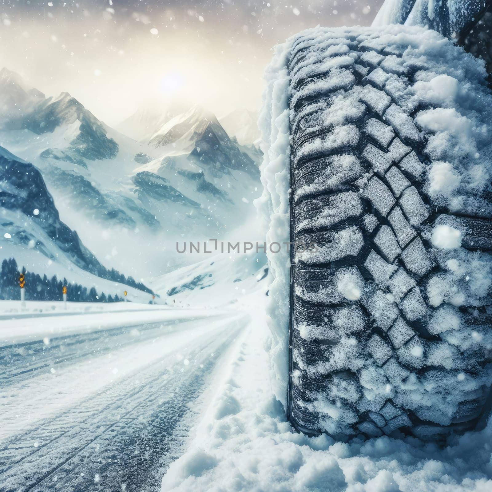 close up different winter tires on a snowy road in the mountains - snow storm.