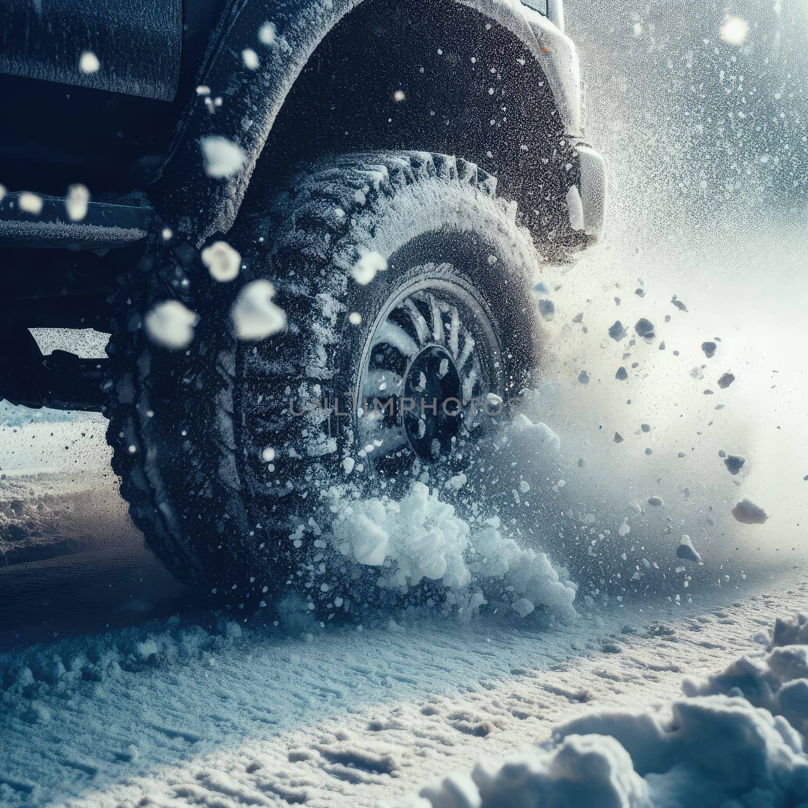 close up different winter tires on a snowy road in the mountains - snow storm.