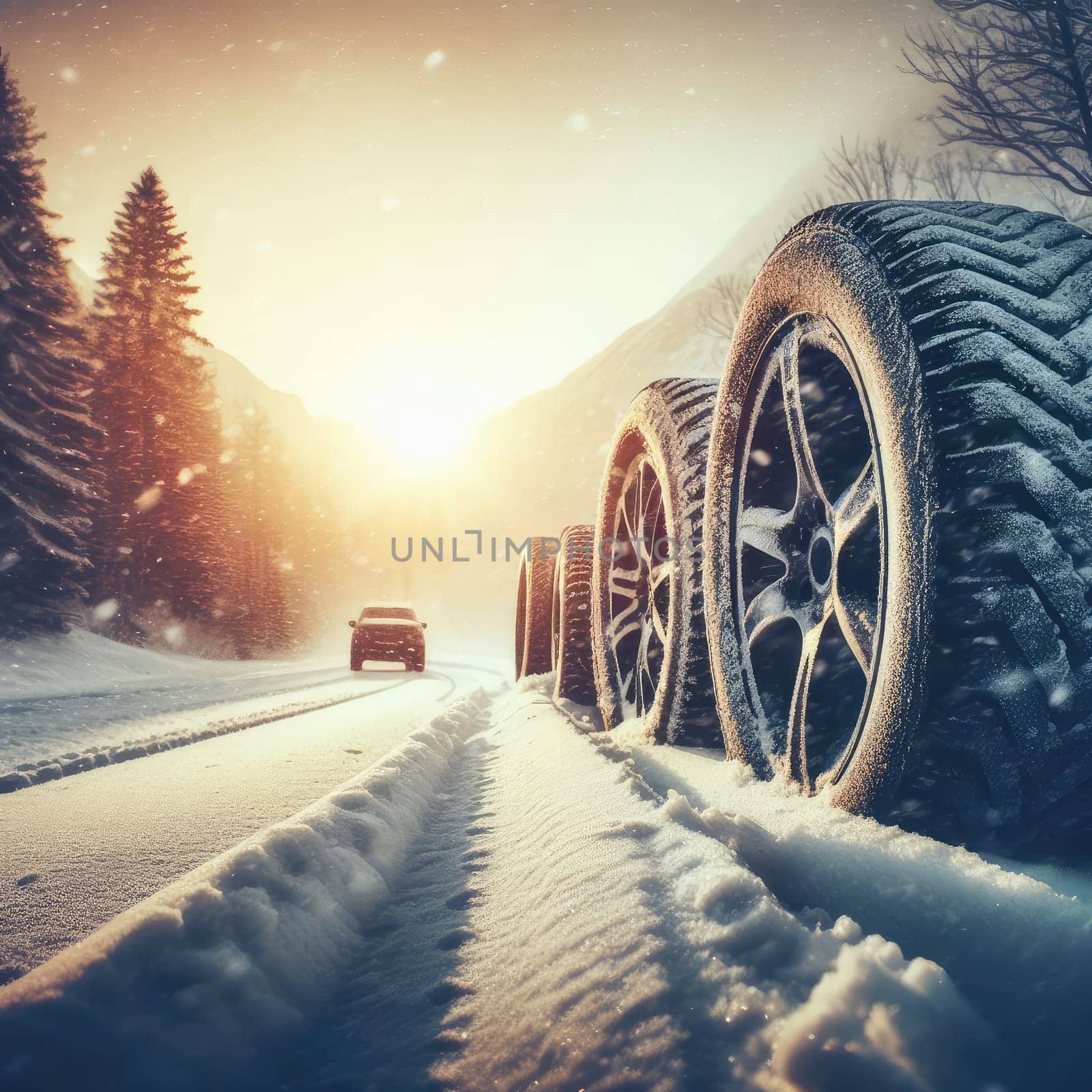 close up different winter tires on a snowy road in the mountains - snow storm by Kobysh