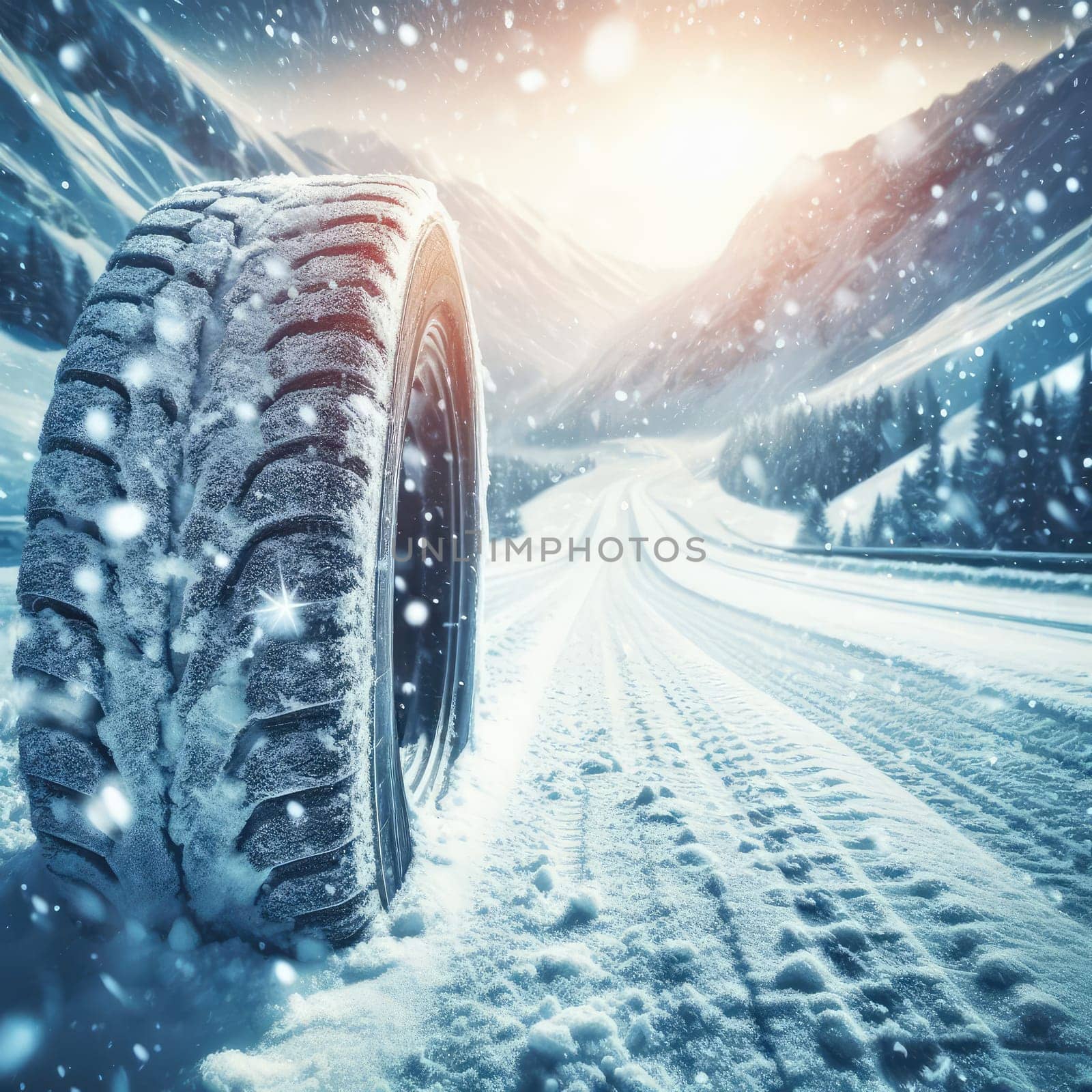 close up different winter tires on a snowy road in the mountains - snow storm by Kobysh