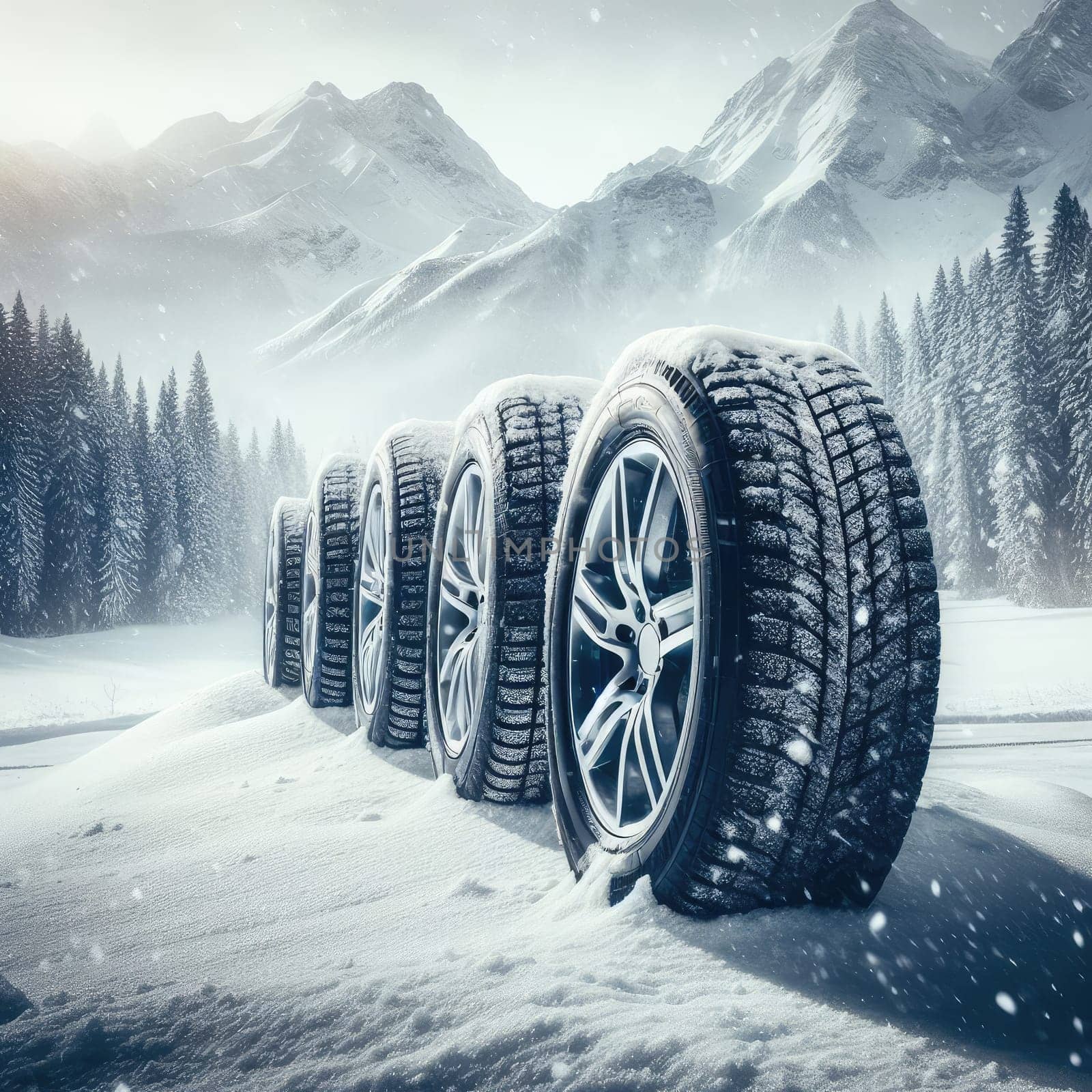 close up different winter tires on a snowy road in the mountains - snow storm.