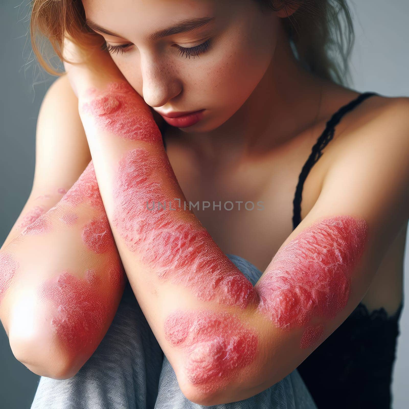 Young woman suffering from itching on her skin and scratching an itchy place. Allergic reaction to insect bites, dermatitis, food, drugs. Health care concept. Allergy rash.
