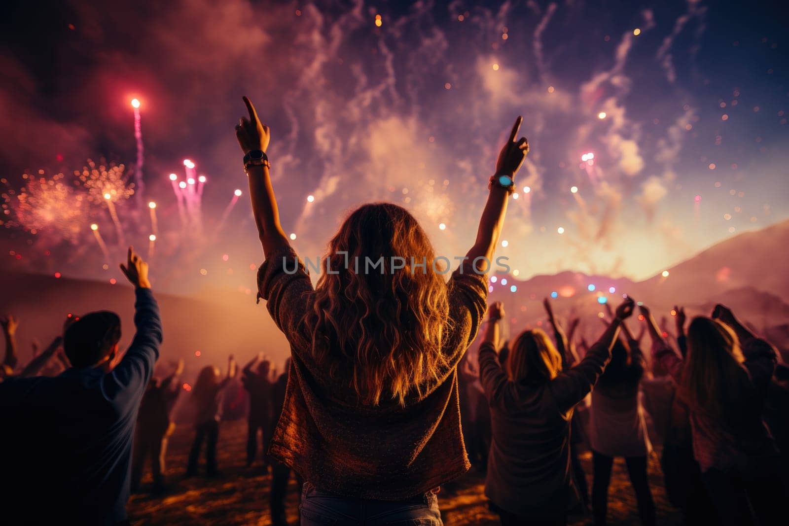 Woman at music festival with fire work. Generative AI.