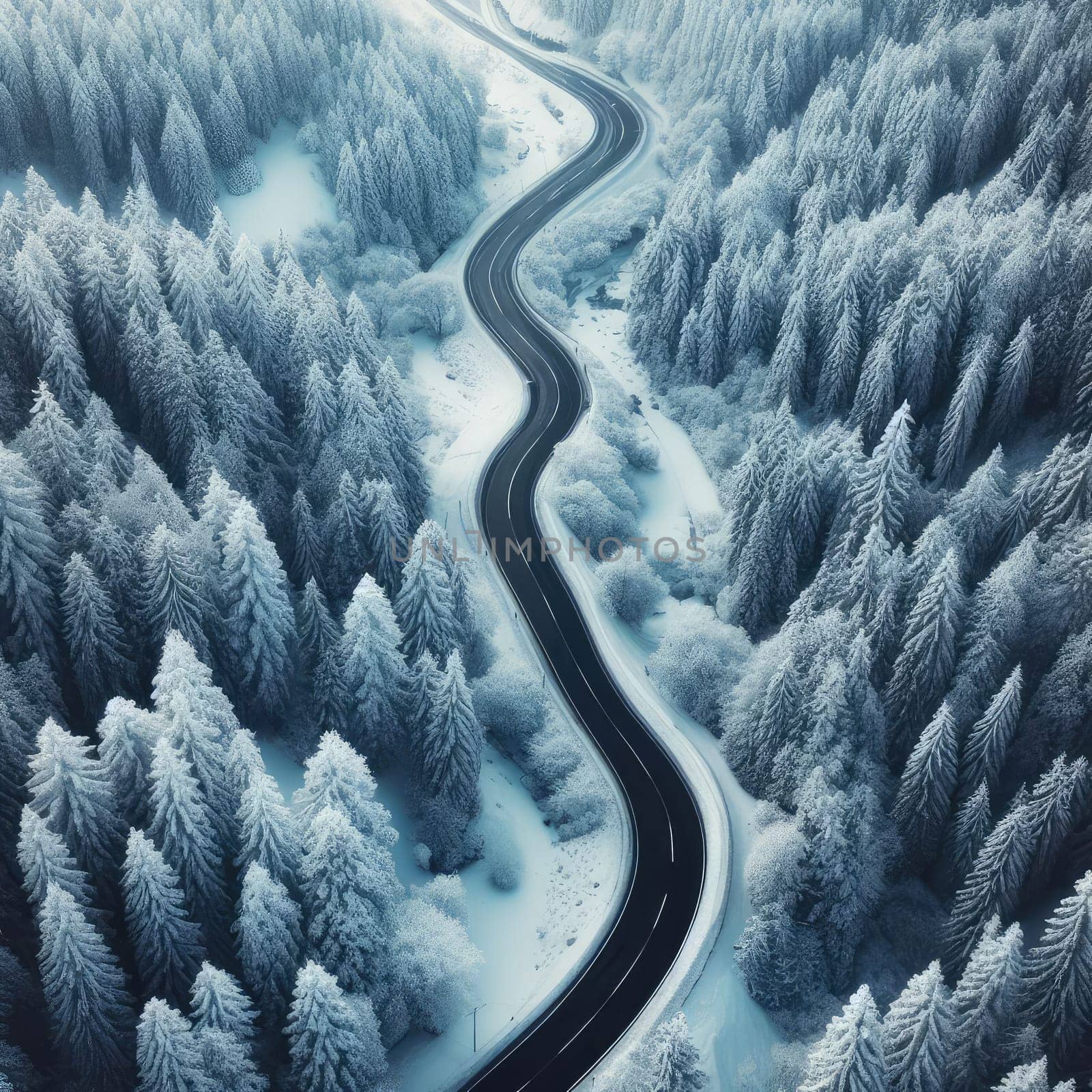 Snow covered trees and road line, aerial drone photo.
