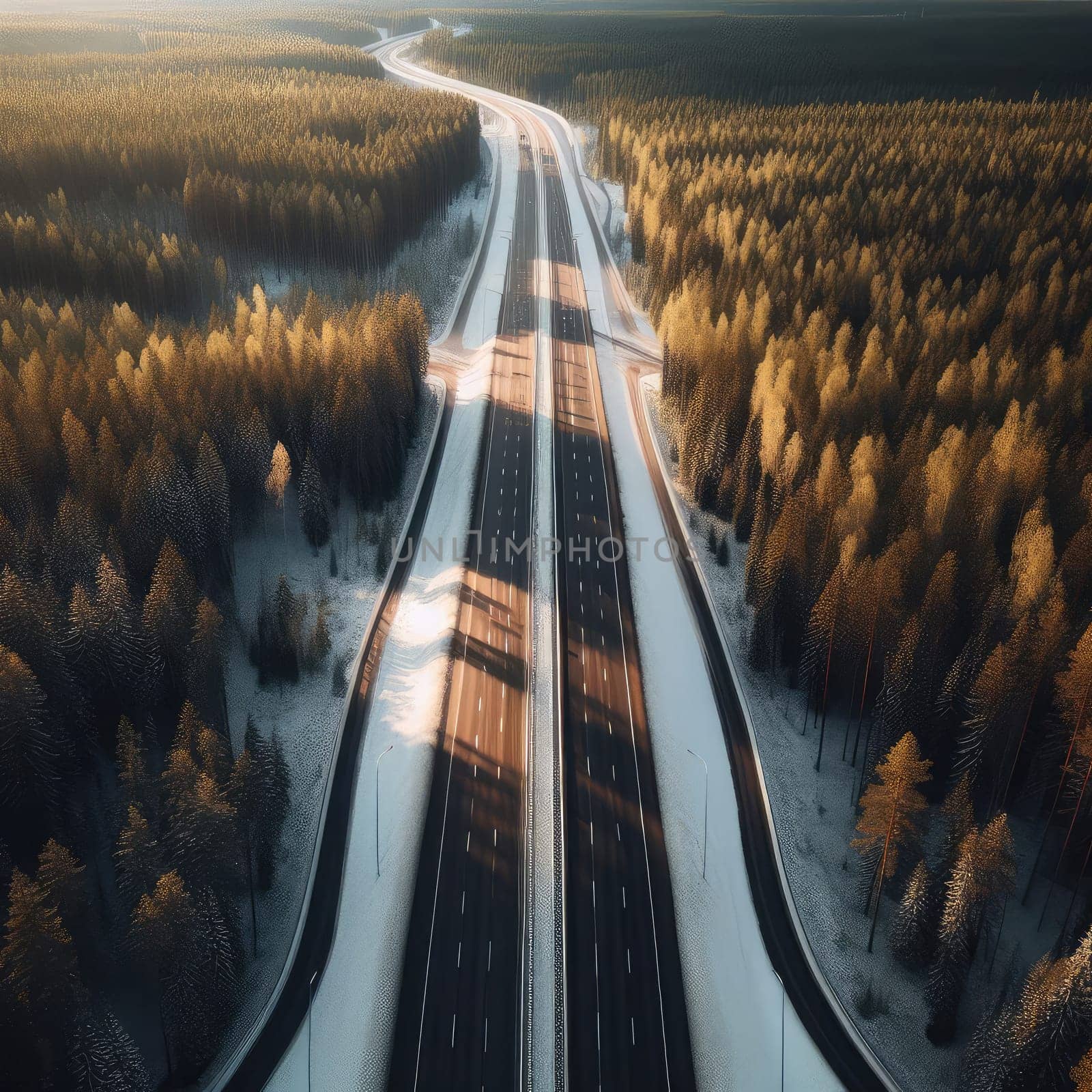 Snow covered trees and road line, aerial drone photo.