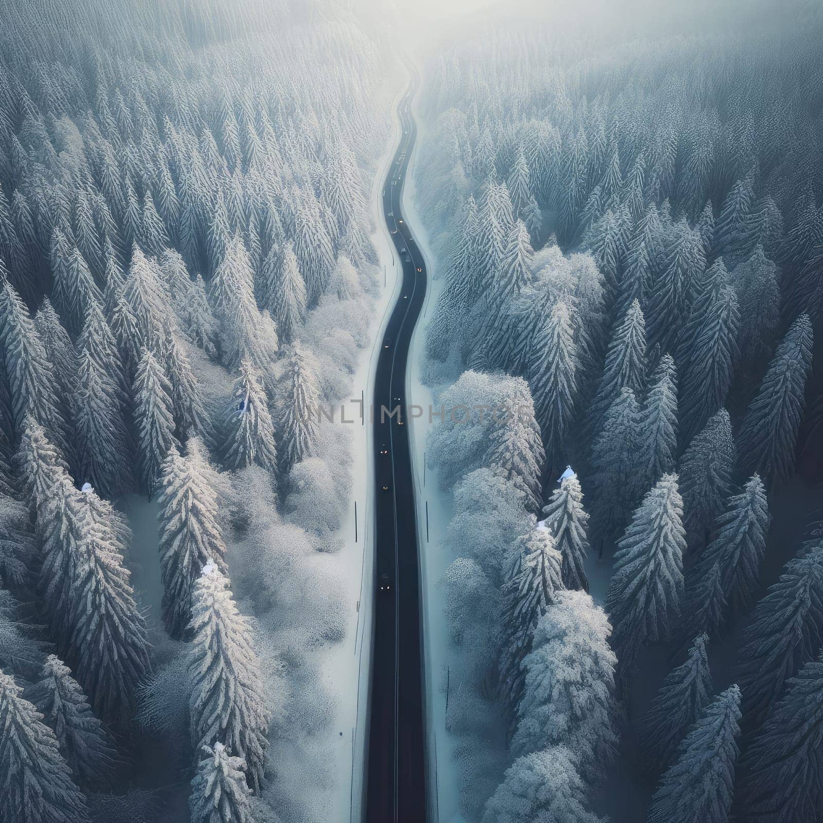 Snow covered trees and road line, aerial drone photo.