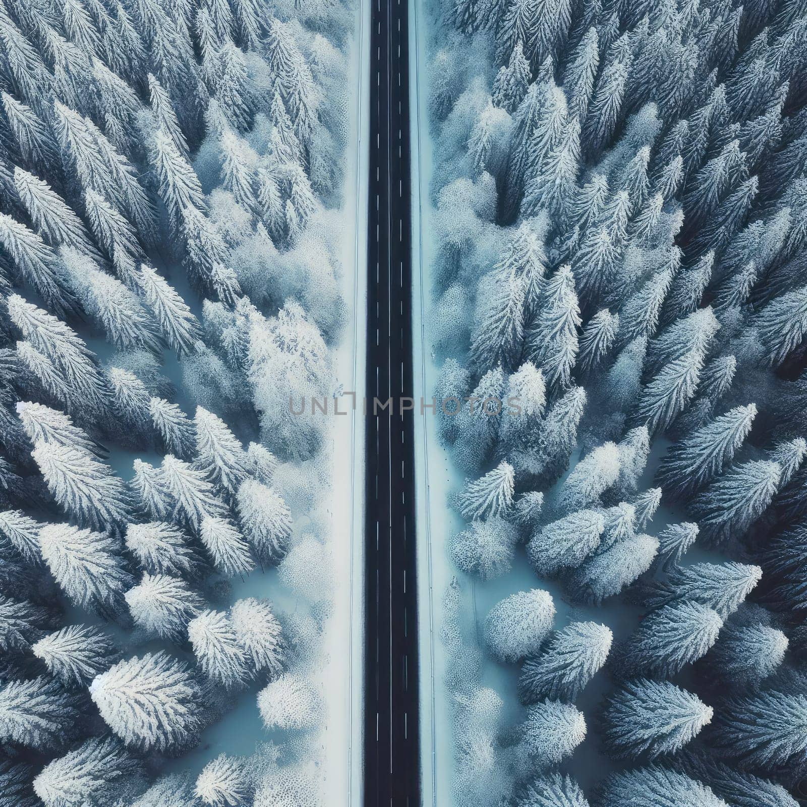 Snow covered trees and road line, aerial drone photo.