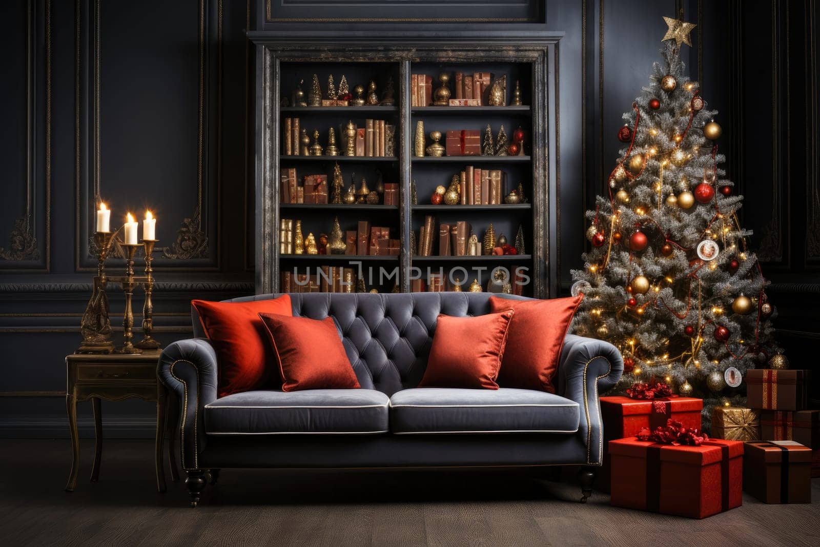 Christmas background with Christmas tree, gifts and fireplace against a wall . Mock up. Christmas card