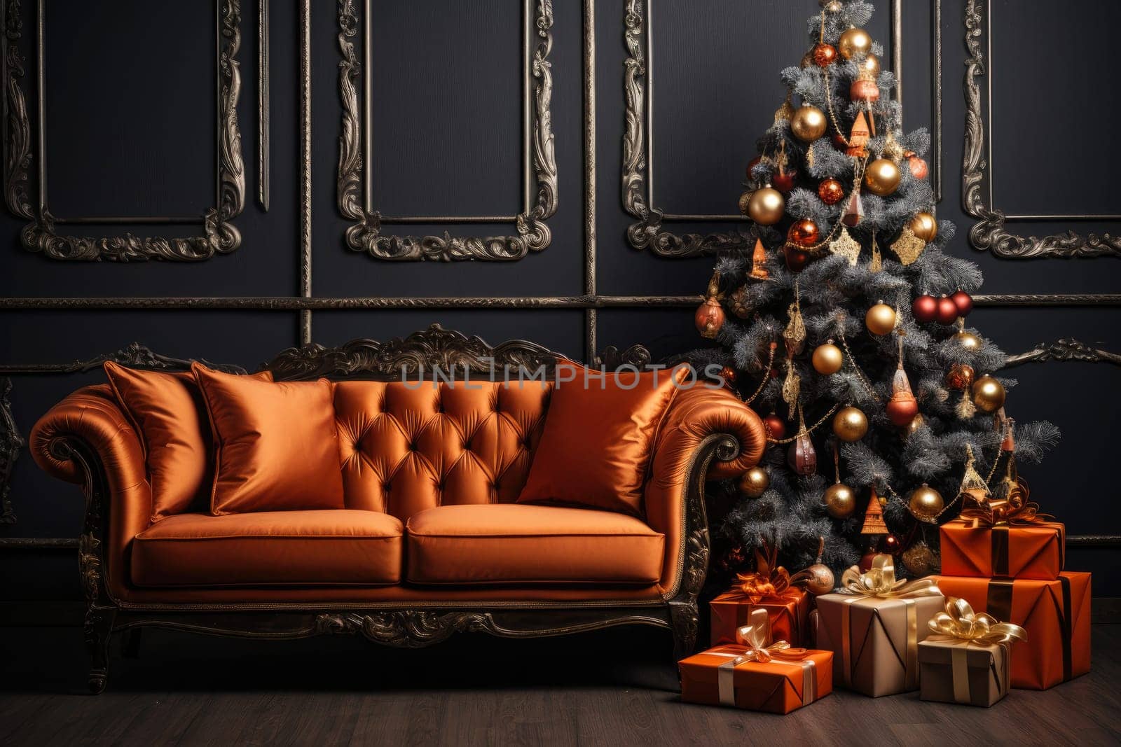 Christmas background with Christmas tree, gifts and sofa against a wall by andreyz