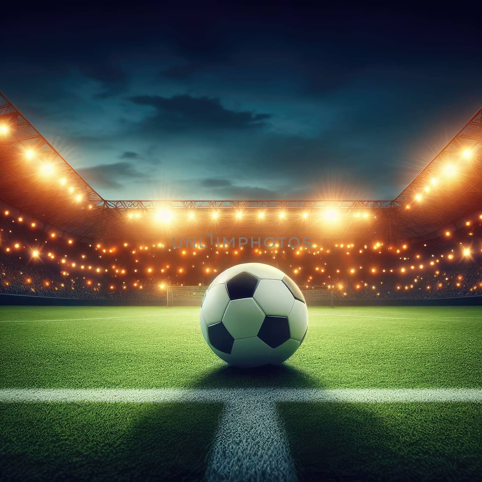 ball on the green field in soccer stadium. ready for game in the midfield - soccer ball close-up by Kobysh