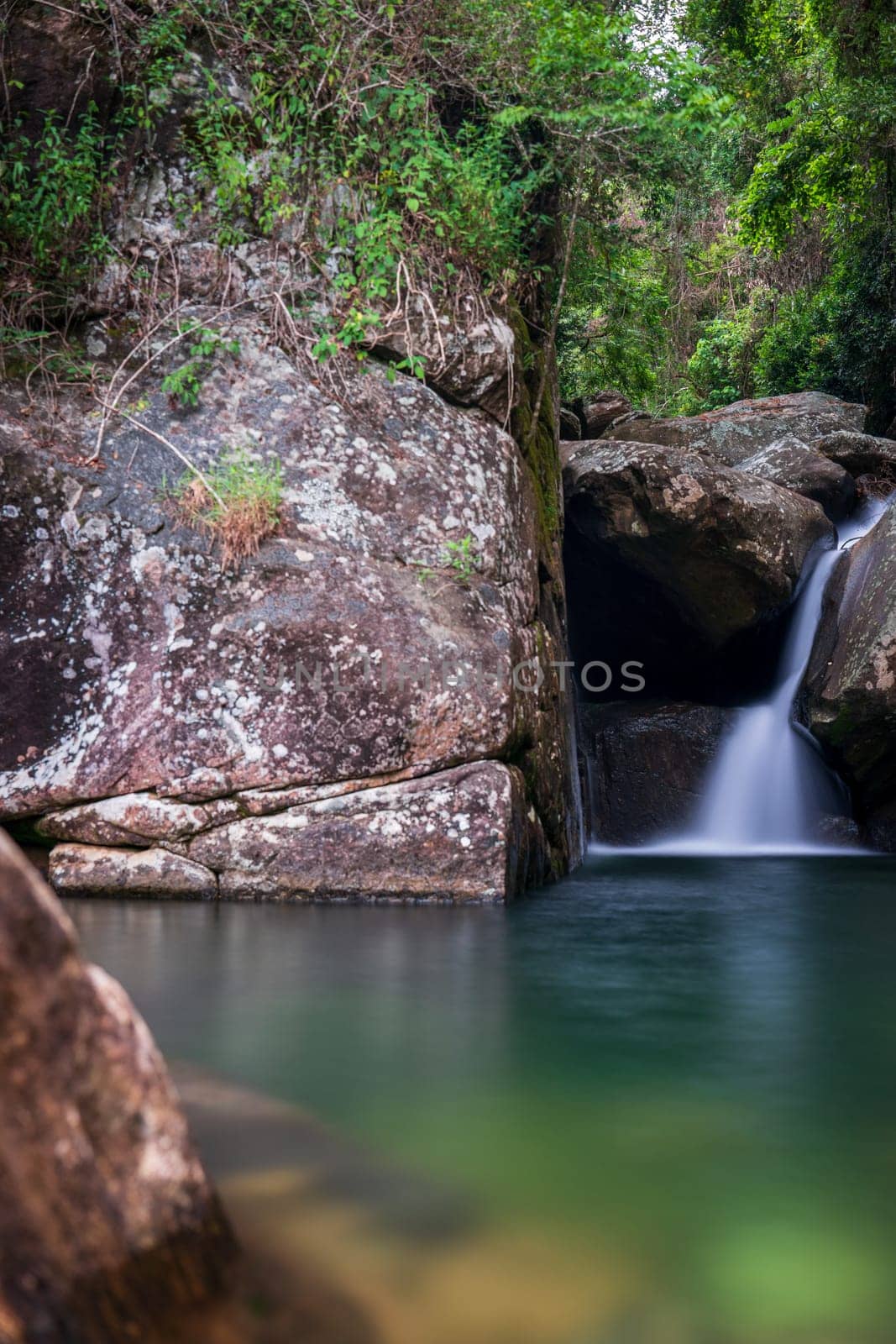 Silky Water Flowing Over Rocks Forming Vibrant Green Pond in Lush Forest by FerradalFCG