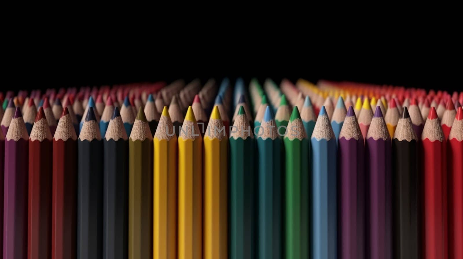 At the bottom, on a black background, there are rows of colored pencils.