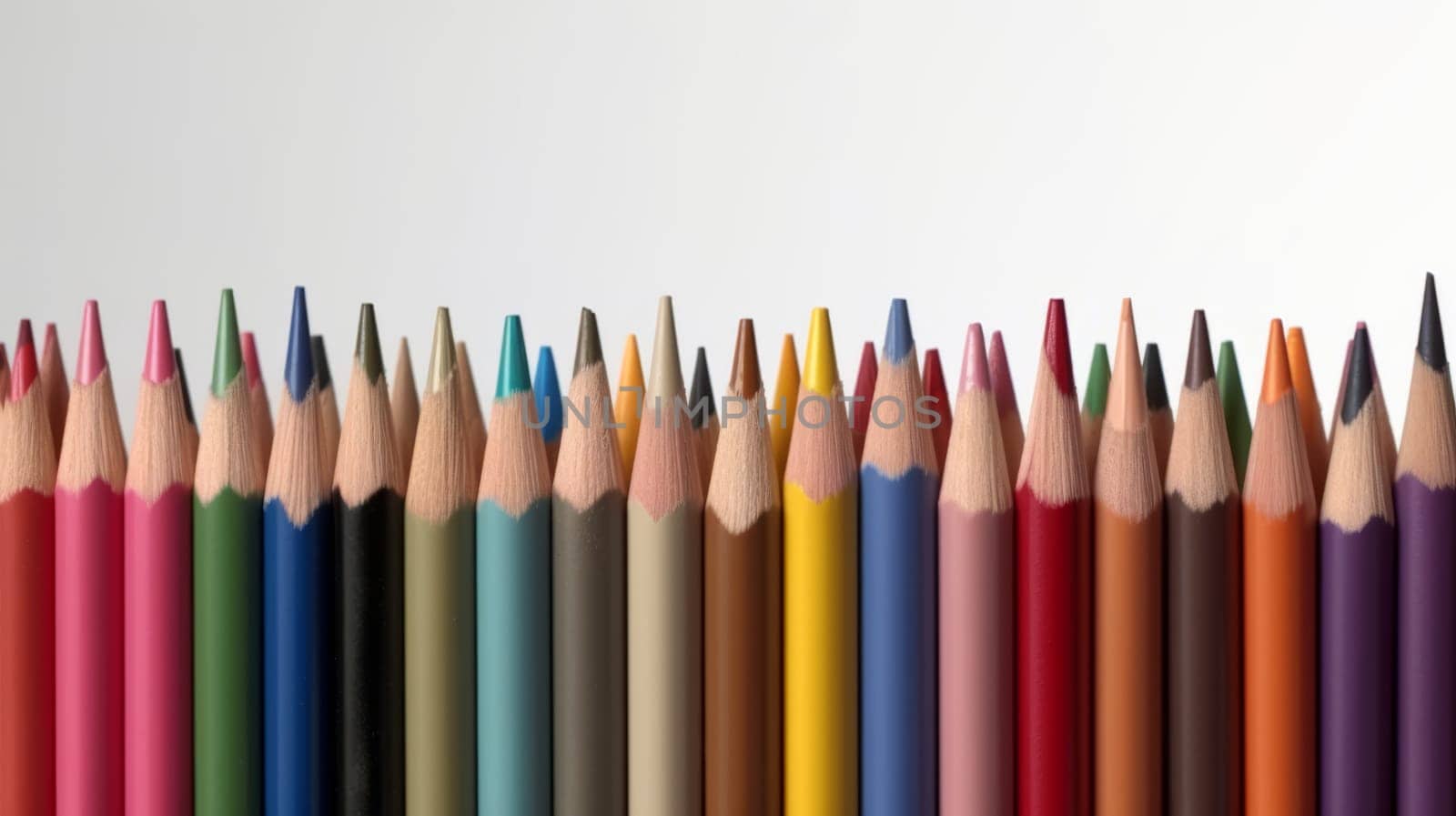 A row of sharp multi - colored pencils lying flat on the bottom on a white background.