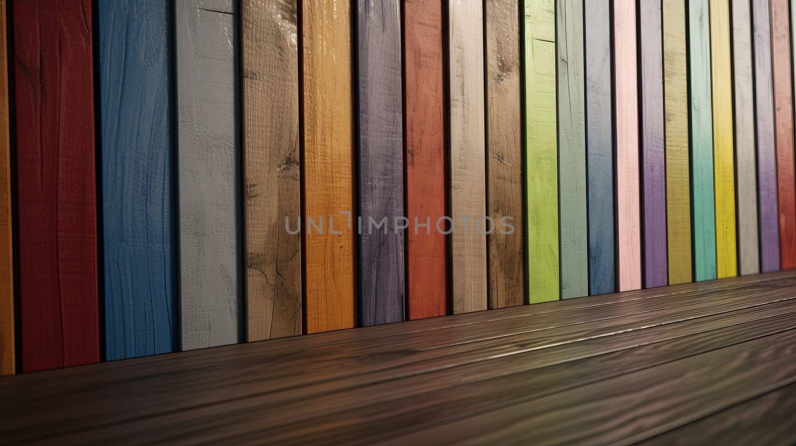 The background is made of multi-colored boards, in the form of a wall-floor, perspective. A place for your product