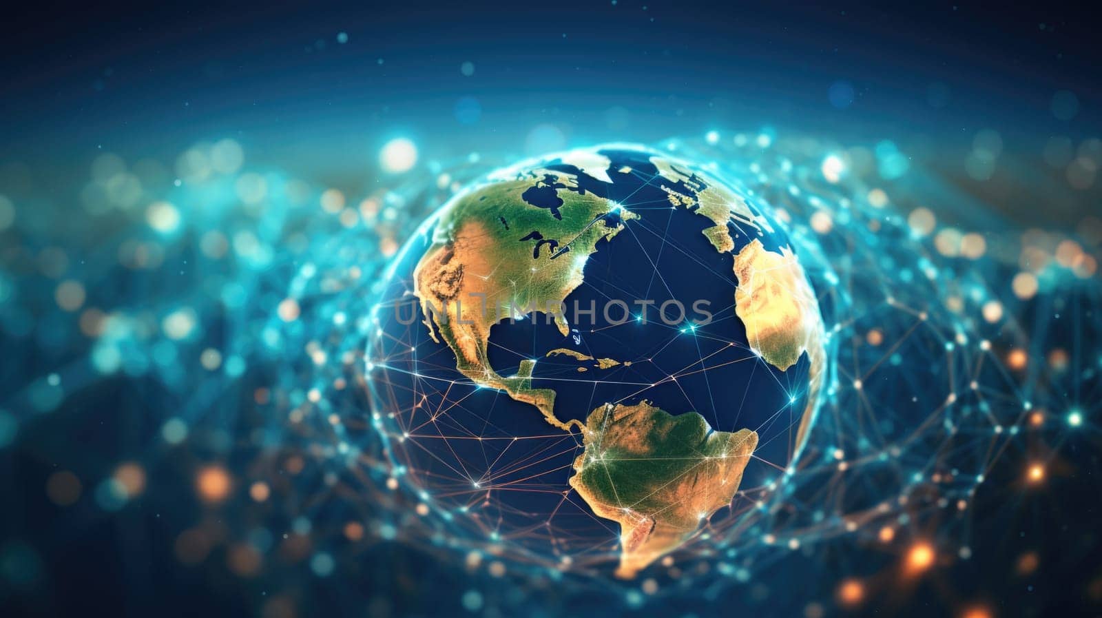 Communication technology with connections around globe Earth showing concept of Internet, IoT, cyberspace, global business, innovation, big data science, digital finance, blockchain.