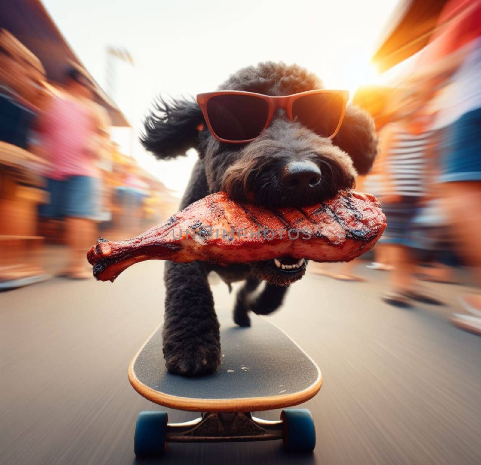 wise black terrier thieve wear cap sunglass escape on skateboard from street market with stolen juicy grilled steak ai art generated