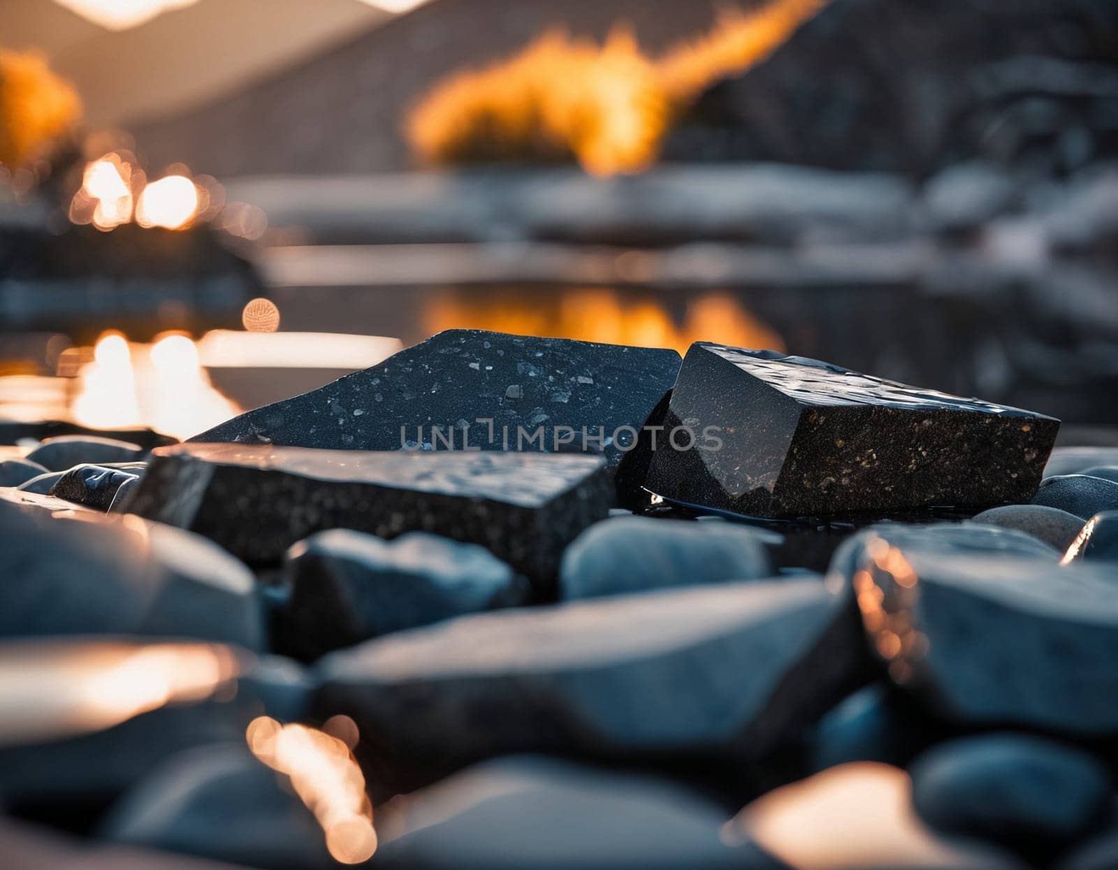 Beautiful cinematic mountain landscape with black marble and granite. High quality illustration