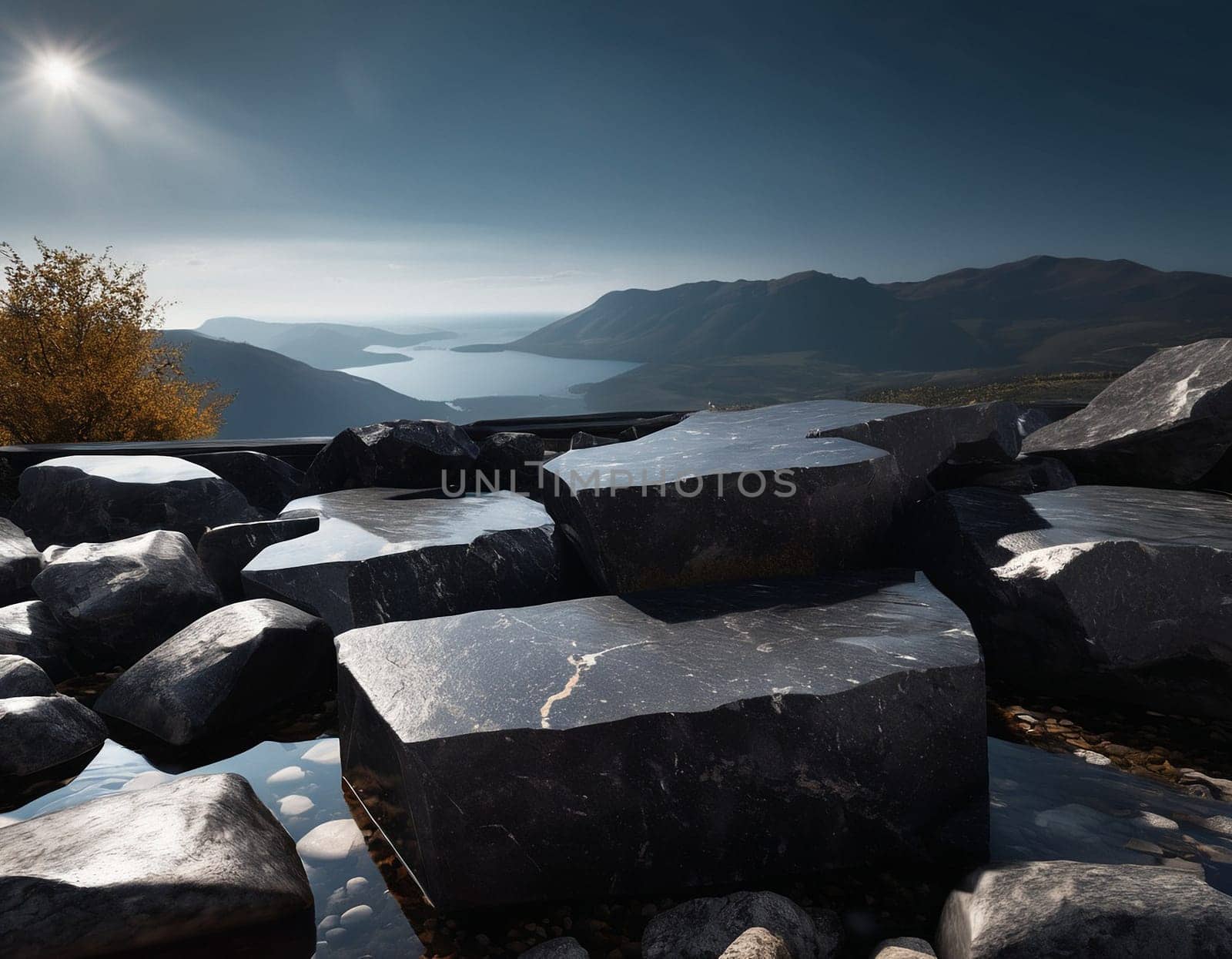 Beautiful cinematic mountain landscape with black marble and granite. High quality illustration