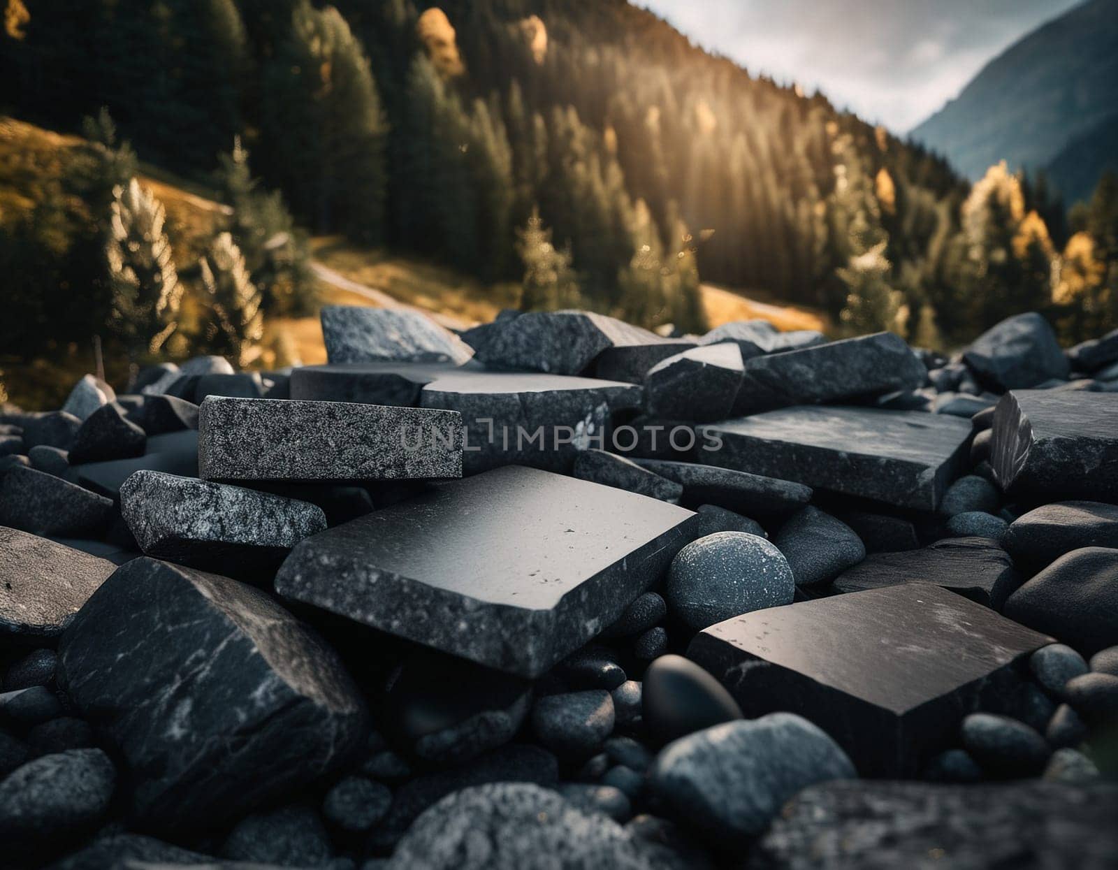 Beautiful cinematic mountain landscape with black marble and granite. High quality illustration