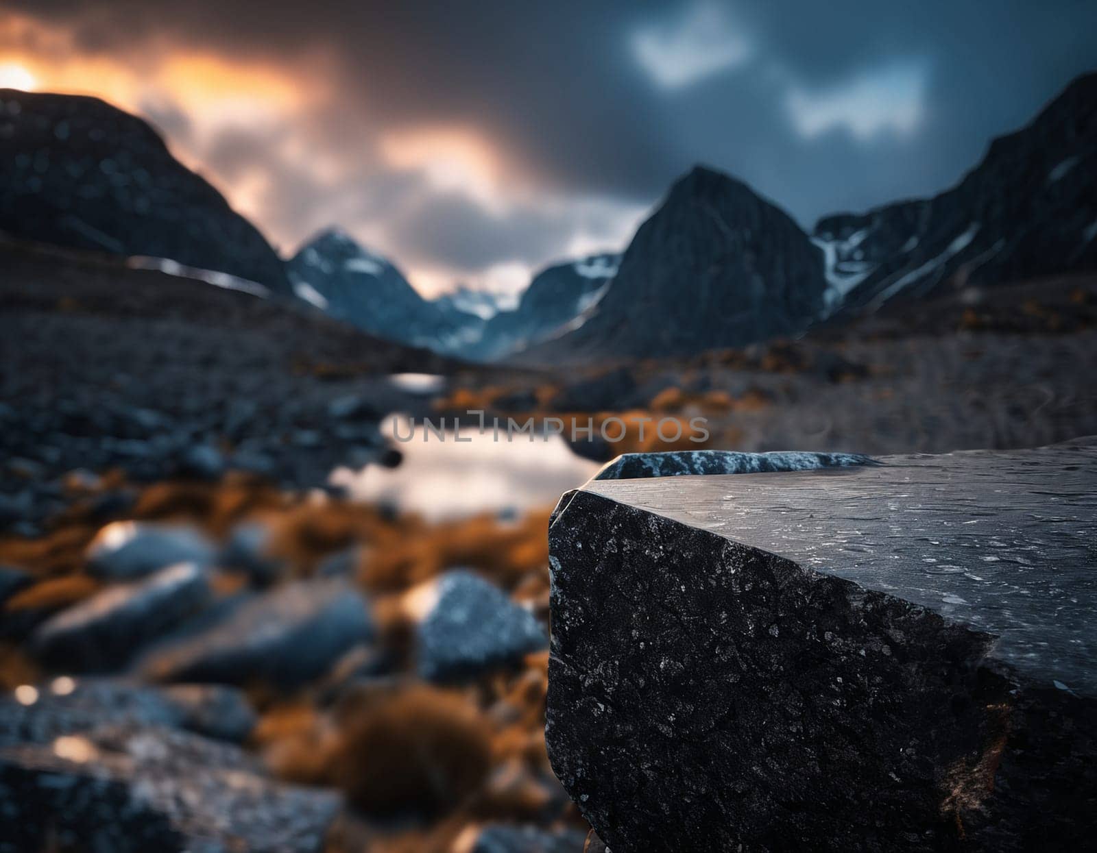 Beautiful cinematic mountain landscape with black marble and granite. High quality illustration