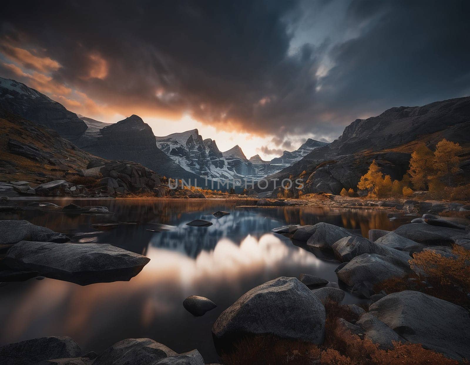 Beautiful cinematic mountain landscape with black marble and granite. High quality illustration