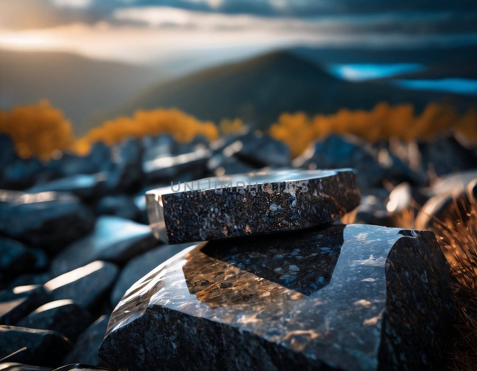 Beautiful cinematic mountain landscape with black marble and granite. High quality illustration