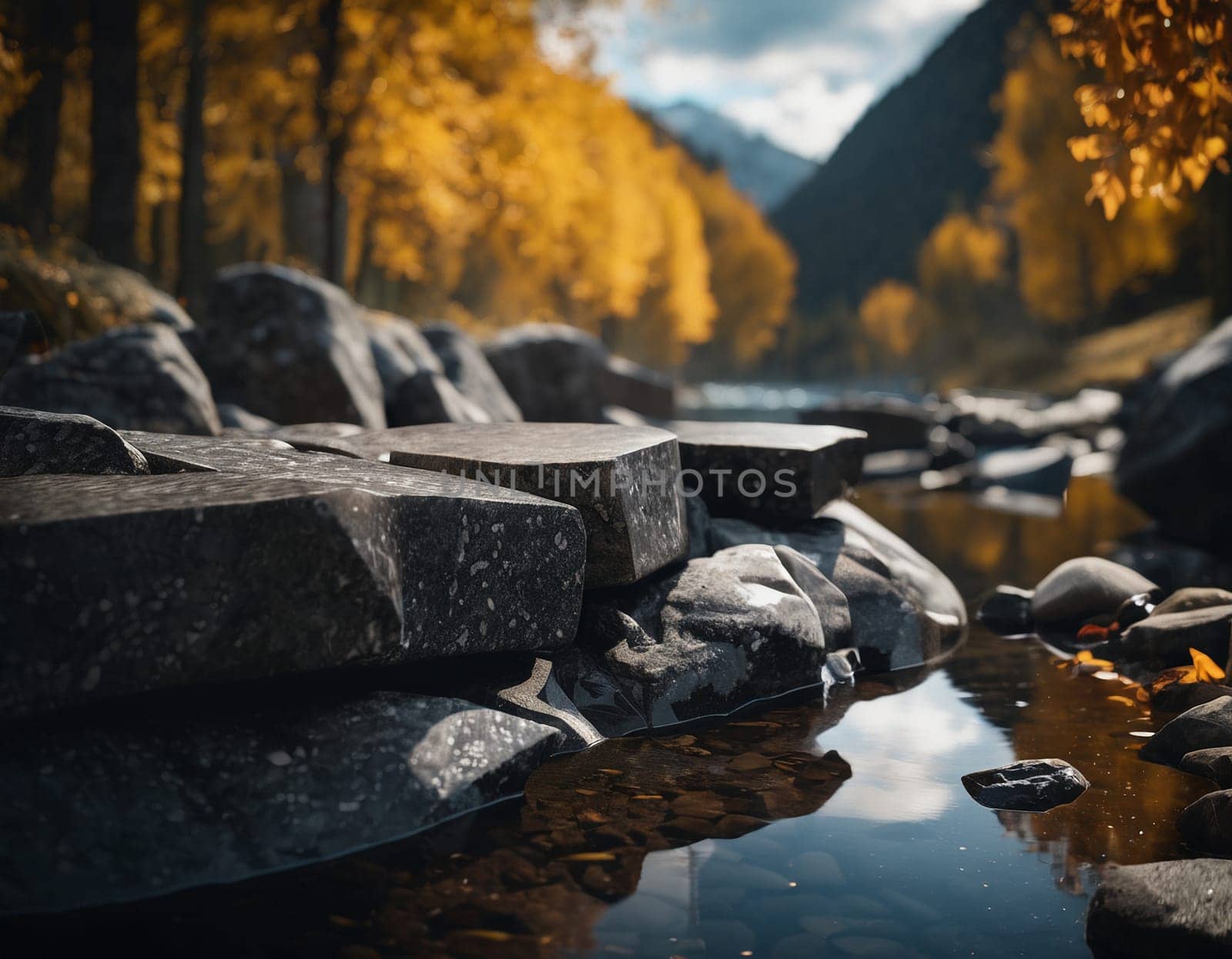 Beautiful cinematic mountain landscape with black marble and granite. High quality illustration