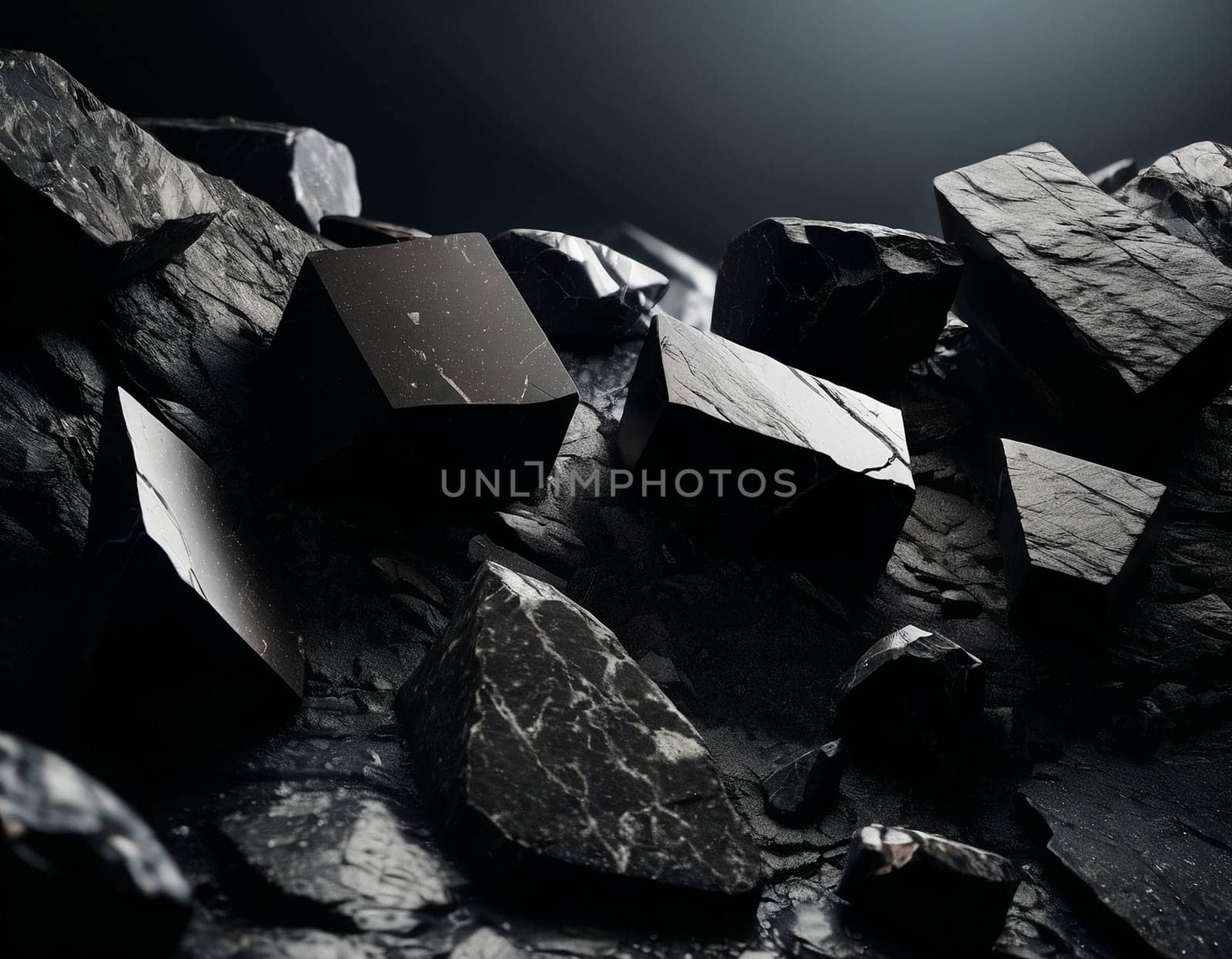 Beautiful cinematic mountain landscape with black marble and granite. High quality illustration