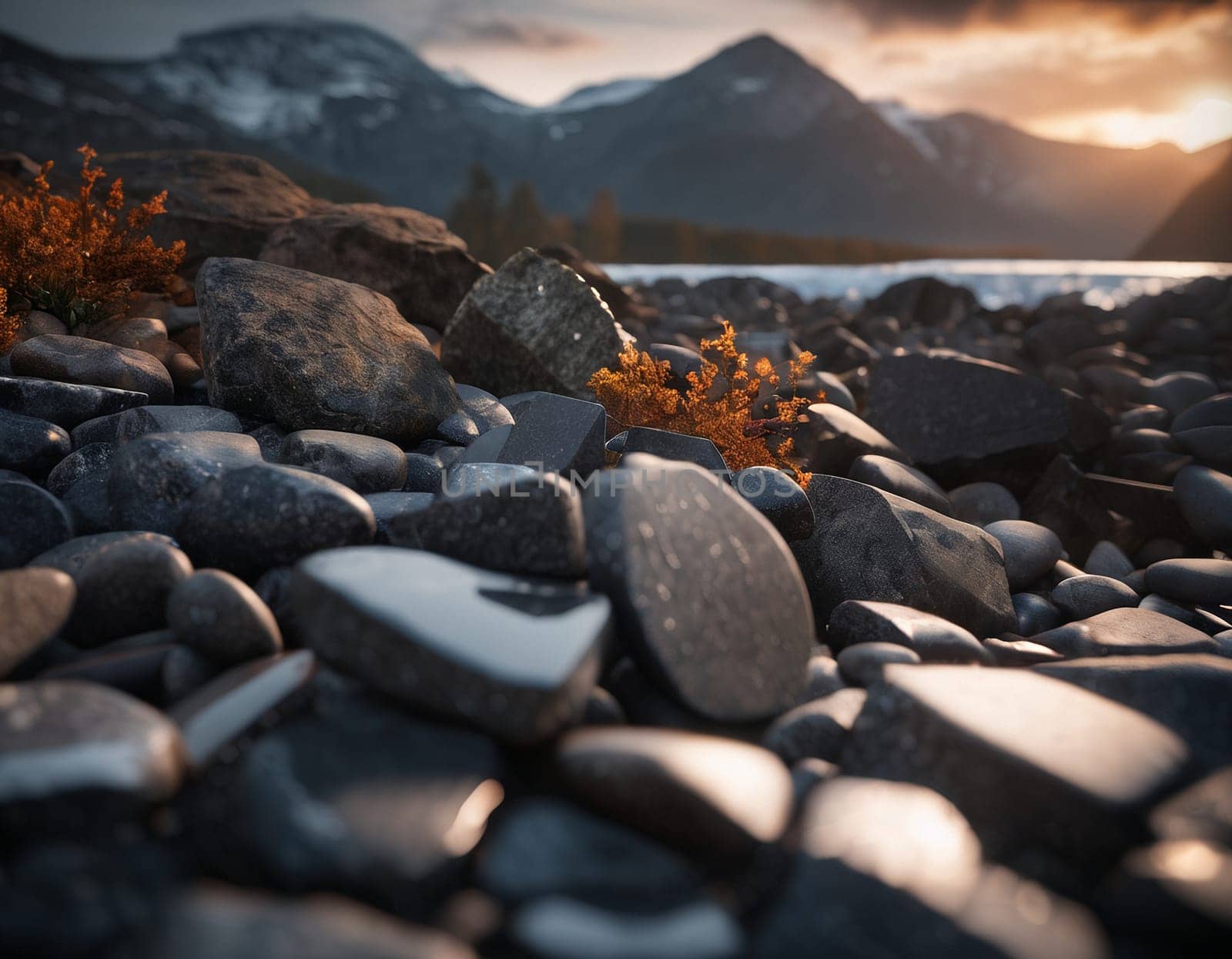 Beautiful cinematic mountain landscape with black marble and granite. High quality illustration