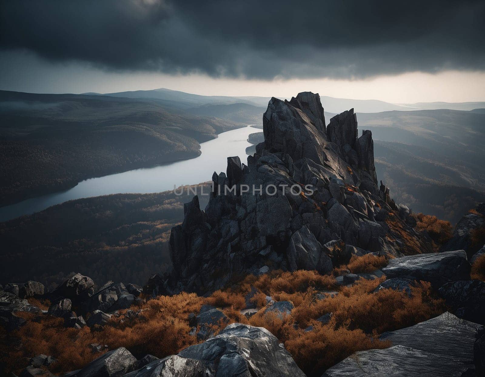 Beautiful cinematic mountain landscape with black marble and granite. High quality illustration