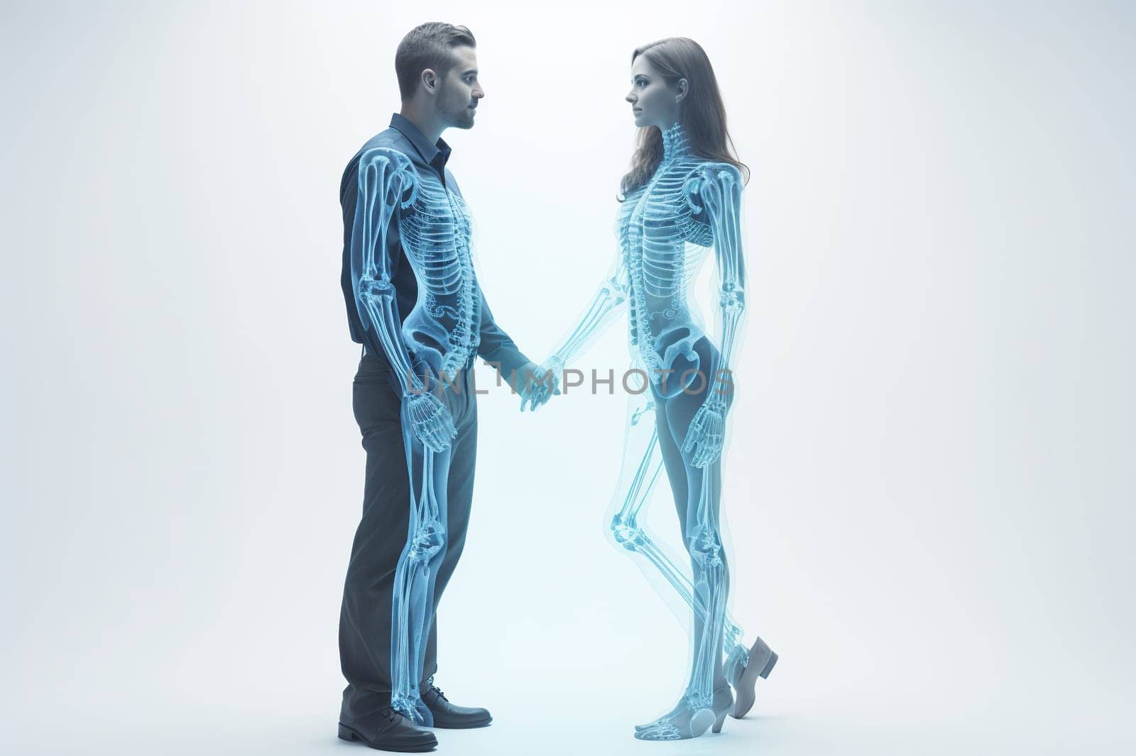 A man and a woman with translucent skeletons.