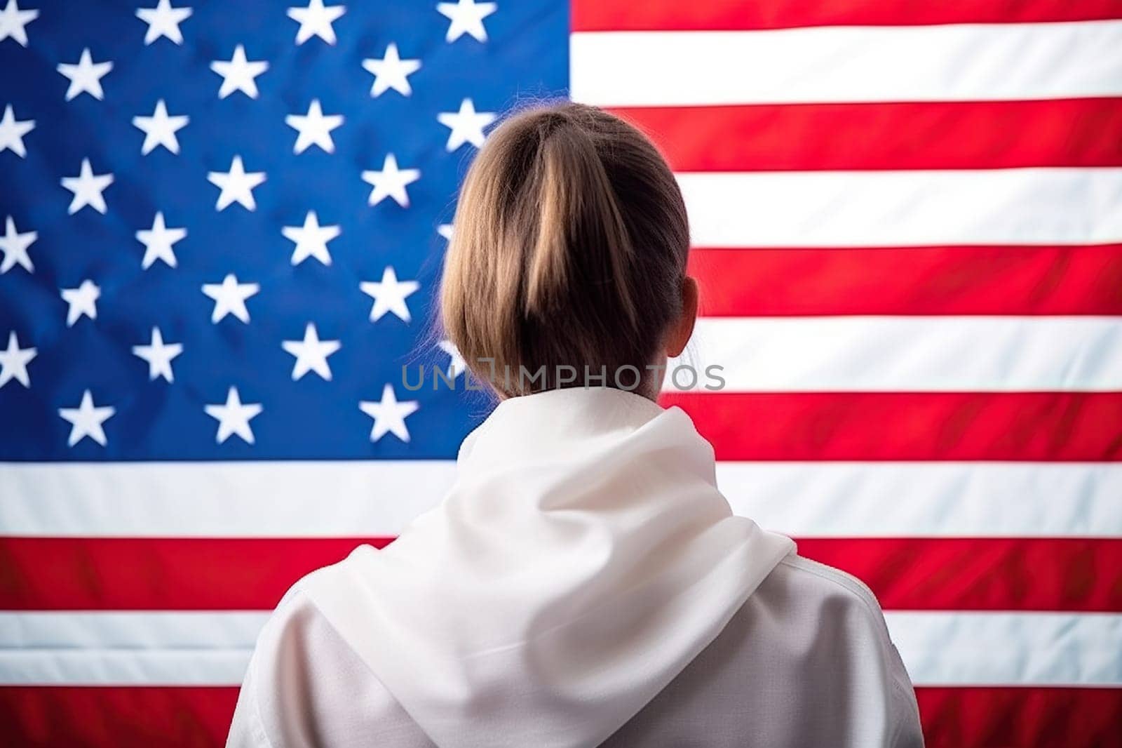 Rear view of a young woman next to the US flag.