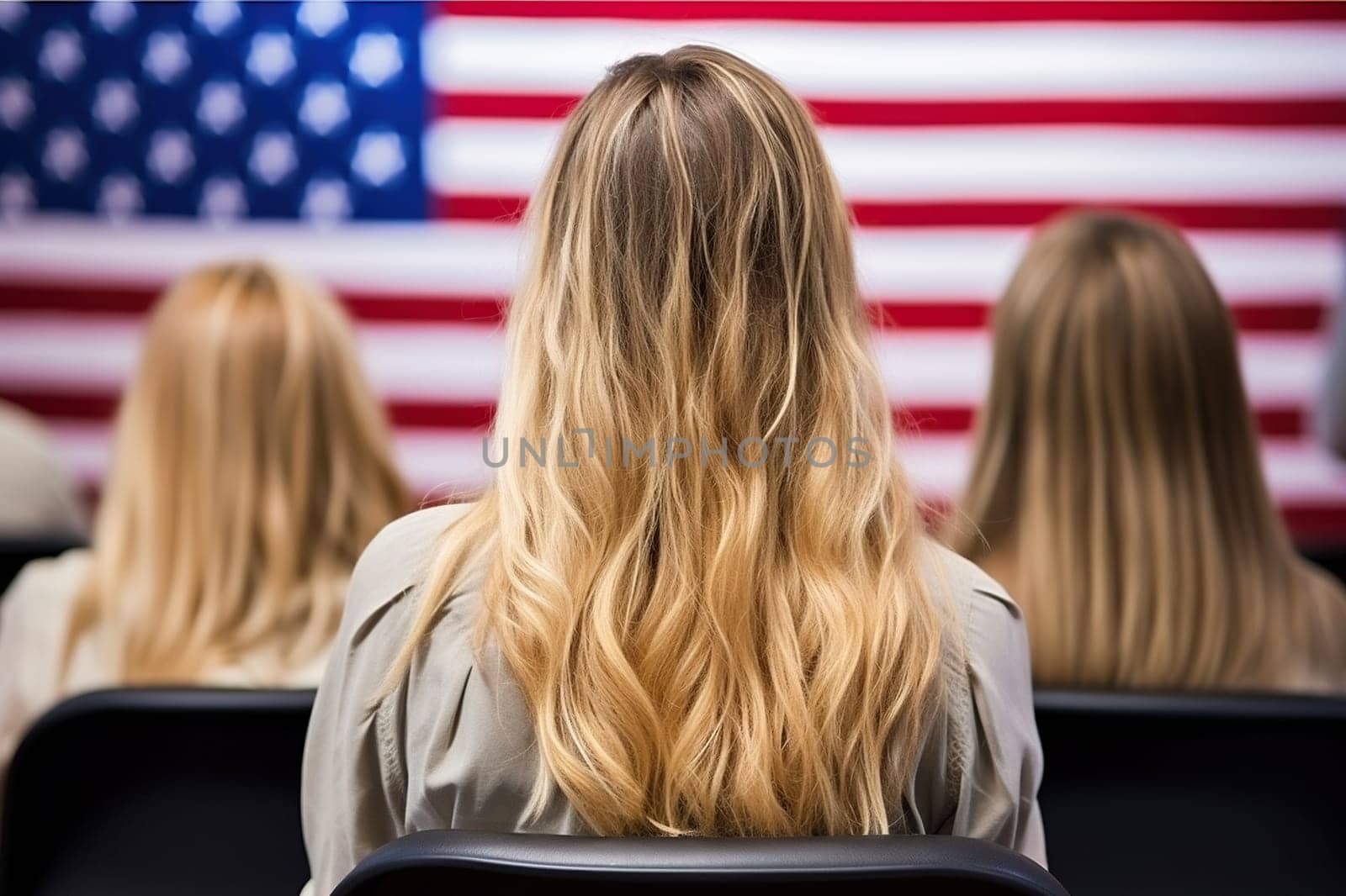 Blonde girl against the background of a blurred US flag.