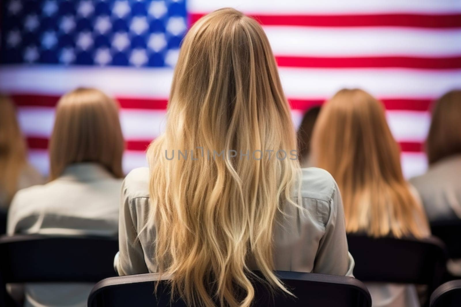 Blonde girl against the background of a blurred US flag.