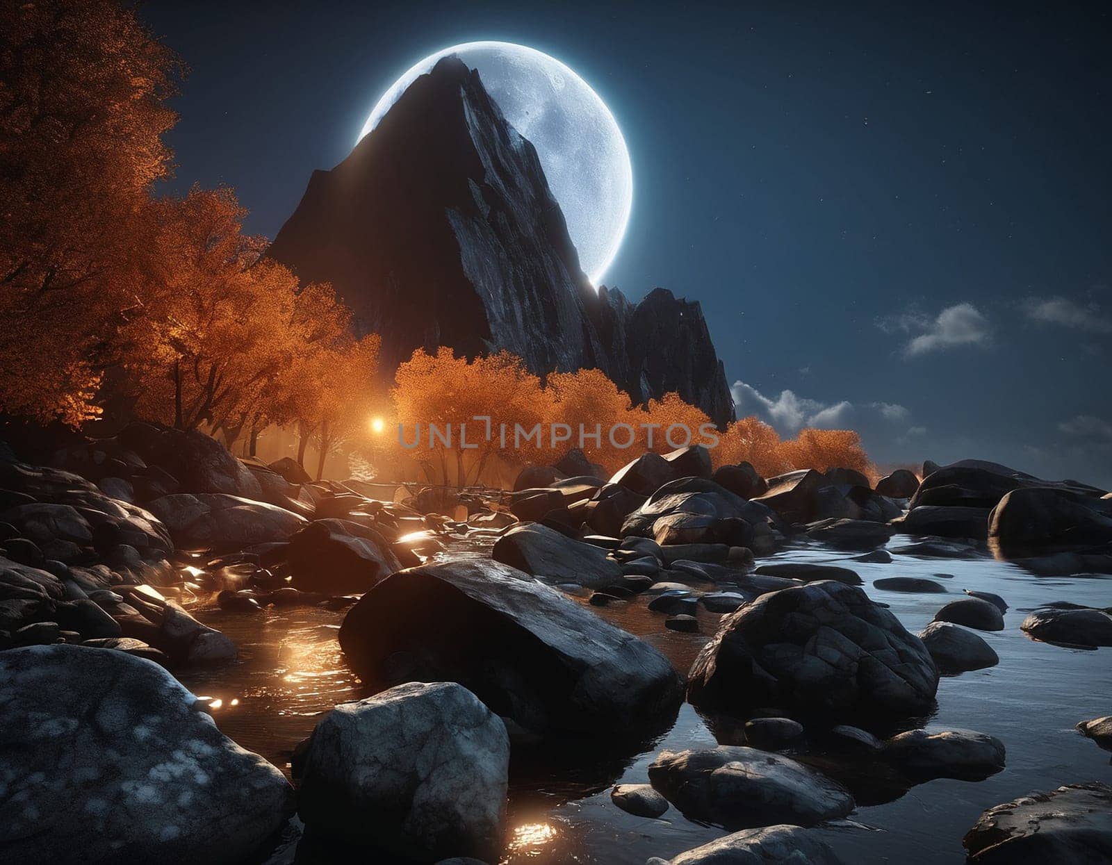 Beautiful cinematic mountain landscape with black marble and granite. High quality illustration