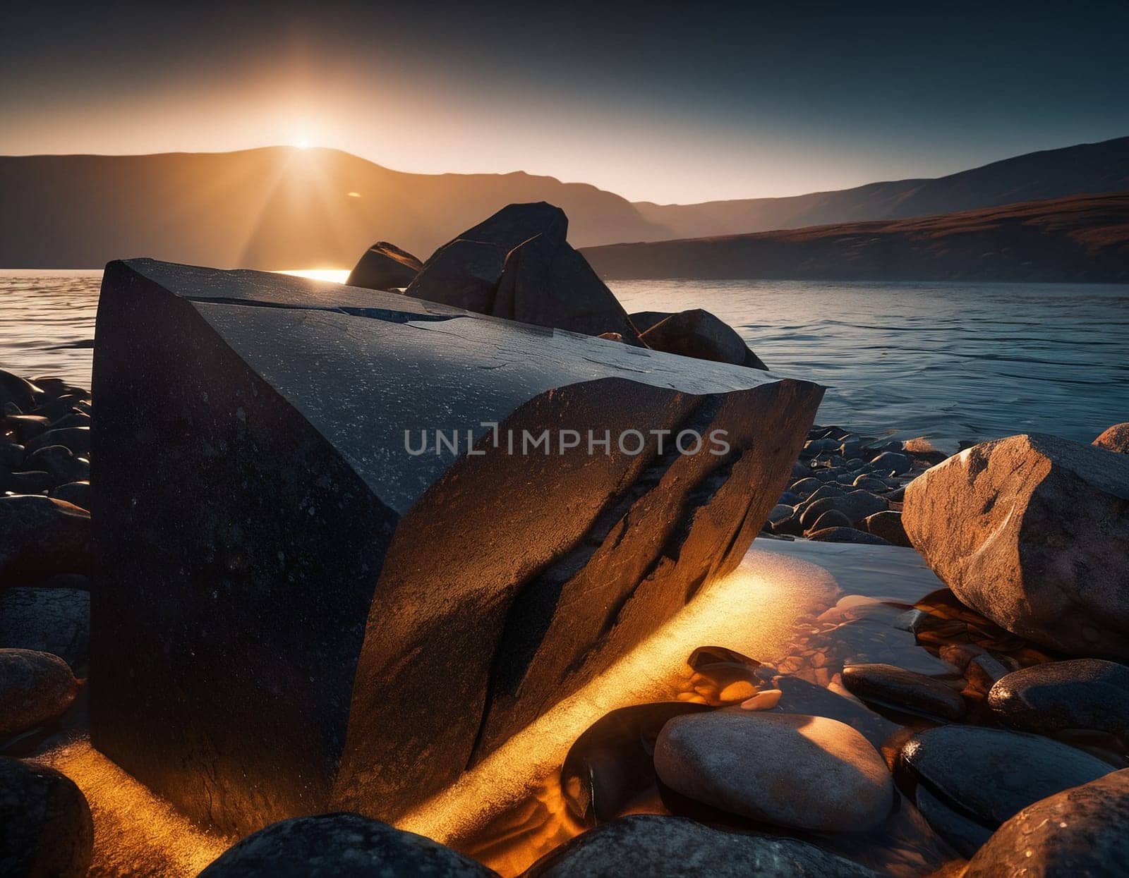 Beautiful cinematic mountain landscape with black marble and granite. High quality illustration